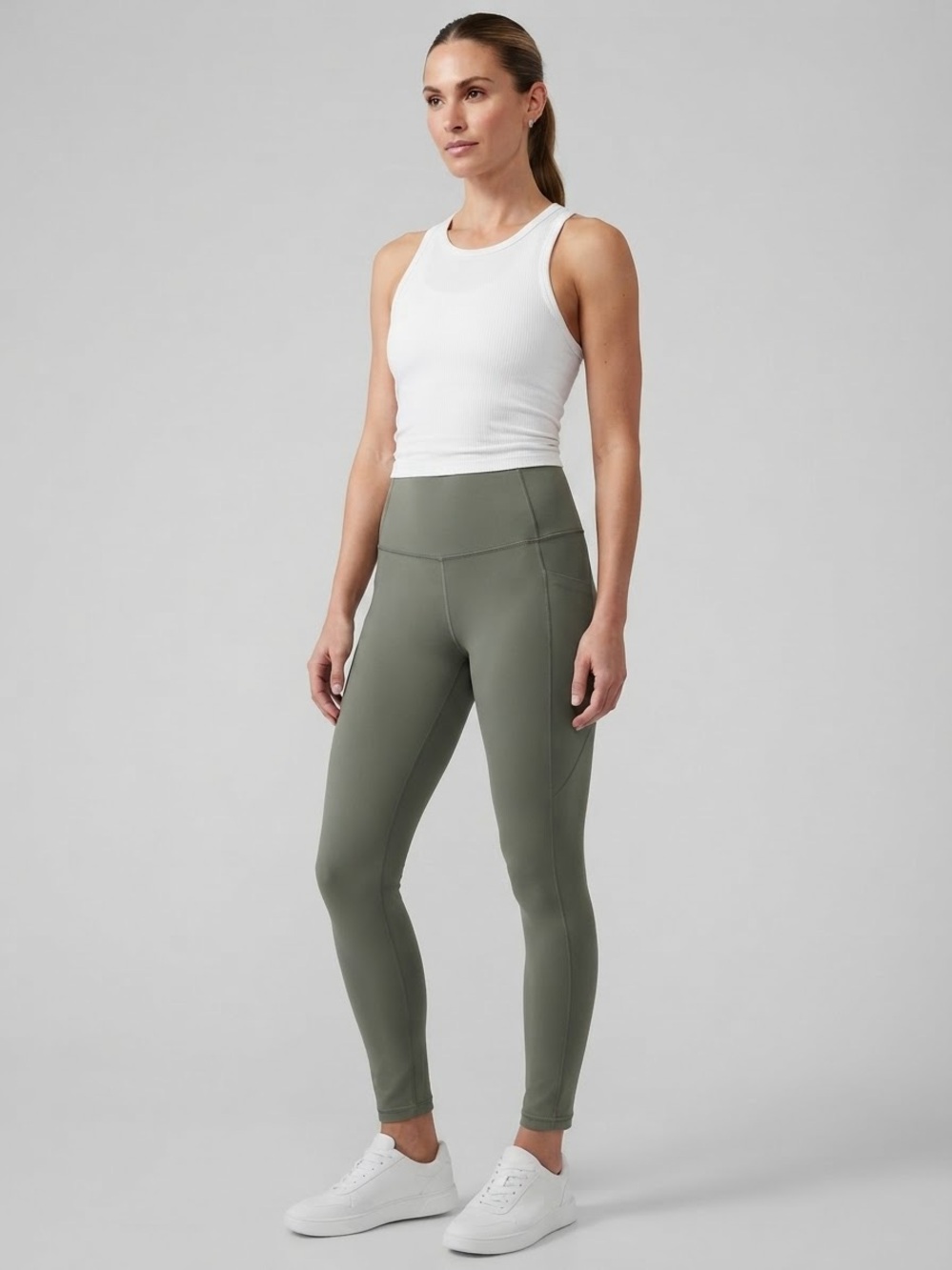 Athleta Salutation Stash Pocket 7/8 Leggings Olive Green Size Large 25"